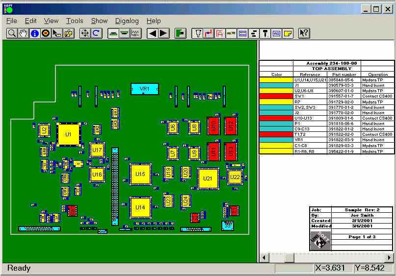 Create PCB process documentation assembly sheets process aids with automatic assignment of unique colors and patterns to each part number on the assembly and assign separate colors to components for each assembly step; add text and graphic annotations